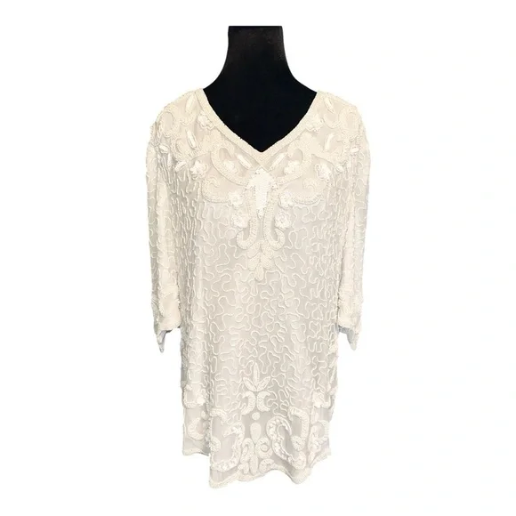 Vintage Rare Tan Chho Solid White Beaded Sequins Evening Top Approx Size XL - Picture 1 of 9